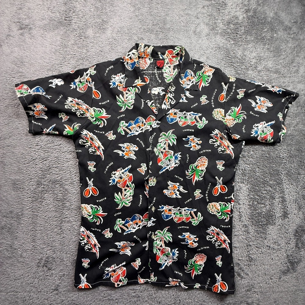 Vintage 70s Hawaiian BASE Button Up Shirt Black AOP Mens M Island Print